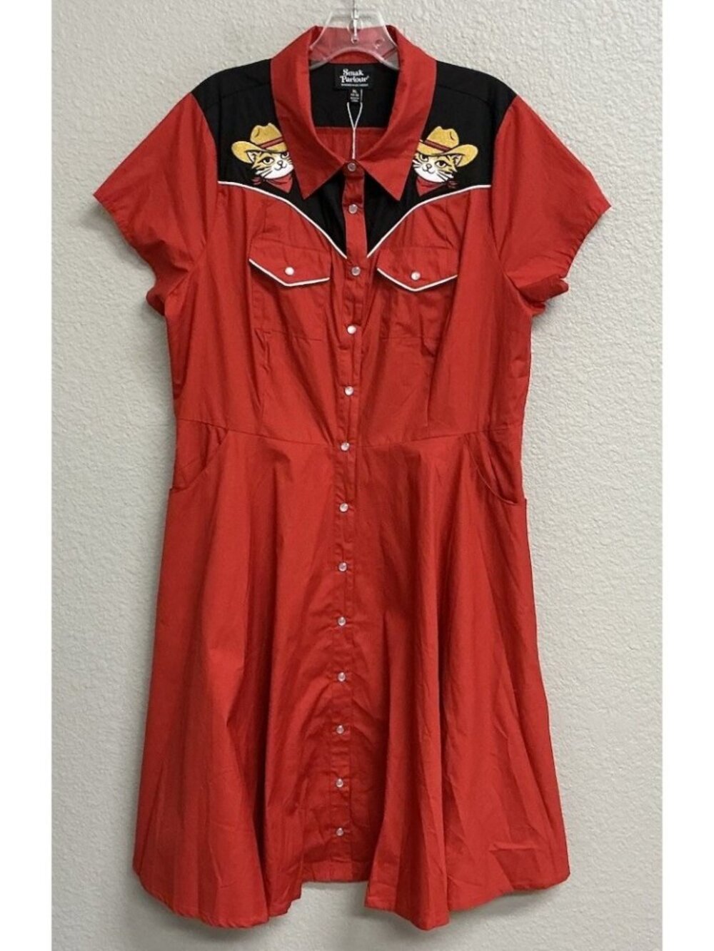 Smak Parlour Dress NWT Embroidered Cowboy Cat Western Flare Rust Red Size XL